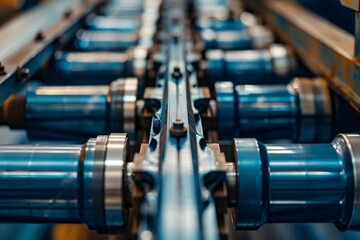 Naklejka premium Close up view of a roll forming machine shaping metal at a factory, showcasing the industrial manufacturing process