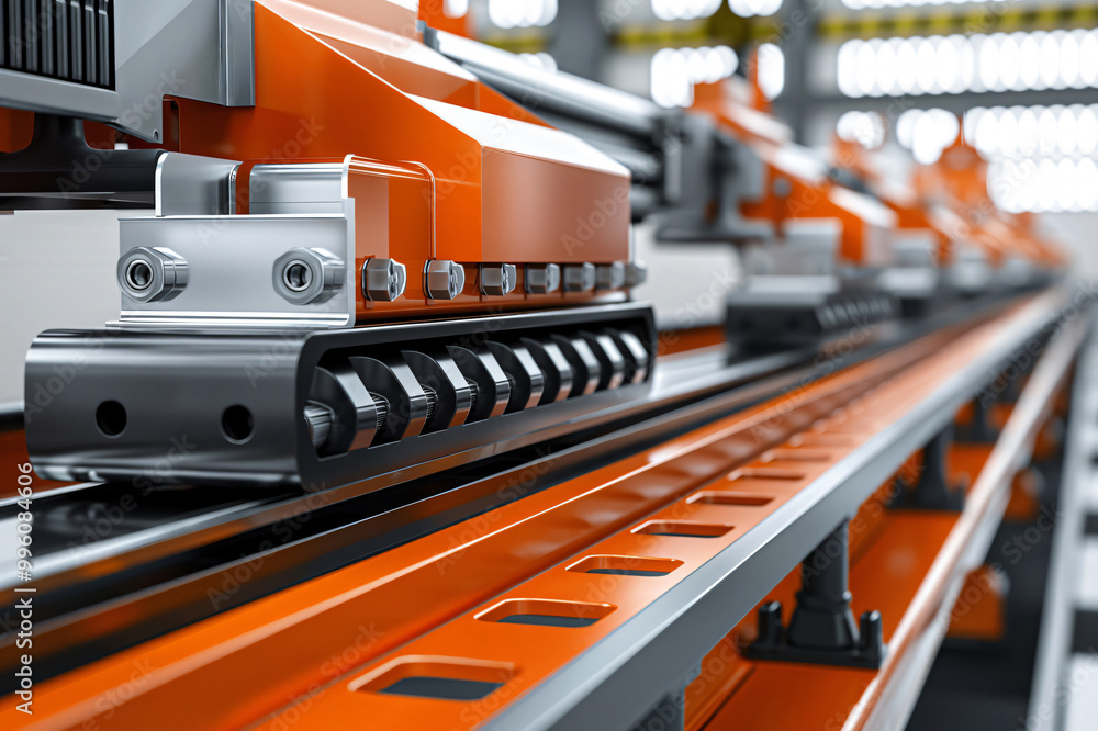 Poster close up view of a roll forming machine shaping metal in a factory, highlighting the precision and p