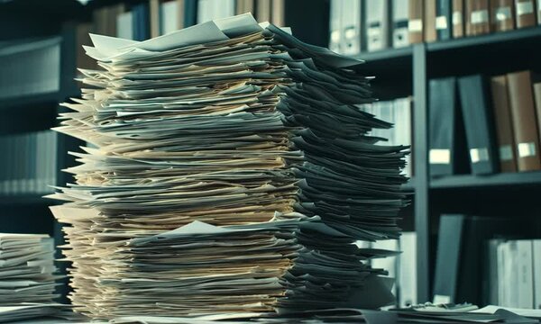 A disorganized stack of papers in an office setting.