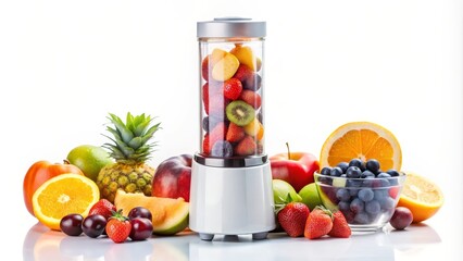 Blender filled with fruit surrounded by a variety of fresh fruit on a white background