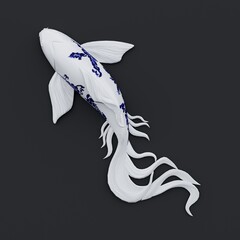 Porcelain decorative fish of the Japanese carp Koi. Isolated on a black background. Top view. 3d render in high resolution