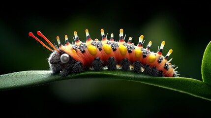 Vibrant Caterpillar on Leaf: Close-up of a colorful caterpillar crawling on a green leaf, detailed 3D render of a unique insect, showcasing vibrant colors and intricate details.  