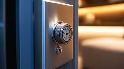 Close-up of a modern light switch with a clock face and a keyhole.