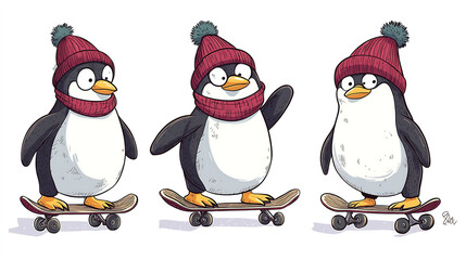 Fototapeta premium Three happy penguins wearing maroon beanies and scarves each one riding on a skateboard a cute illustration for kids on a blank white background