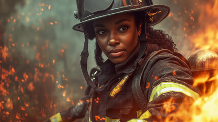 A black African American woman firefighter, dressed in complete gear, managing a heavy hose while fighting against a fierce blaze