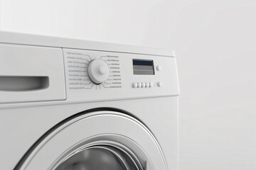 Modern washing machine standing on white background is waiting to be loaded with dirty laundry