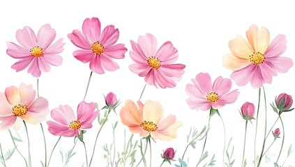 Beautiful pink cosmos flowers with a watercolor painting effect on a white background,