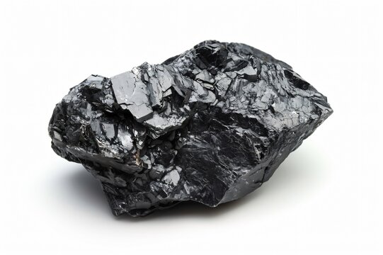 Piece of sphalerite, a zinc ore, sitting on a white background, showing its rough texture and dark color