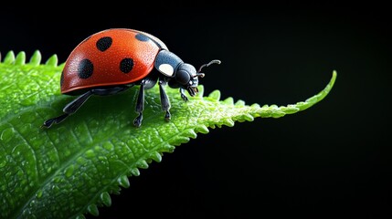 Fototapeta premium Ladybug on a Green Leaf: A vibrant ladybug, with its signature red shell and black spots, crawls across a lush green leaf against a stark black background.