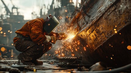 A solitary welder diligently working on a ship's hull, sparks flying in a burst of light against the industrial backdrop.
