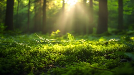 Fototapeta premium Vibrant forest floor with bright sunlight streaming through trees, lush moss, and delicate ferns, creating a dreamy woodland atmosphere with ethereal natural light.