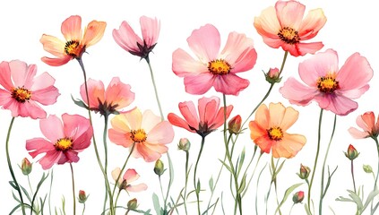 Obraz premium Beautiful pink cosmos flowers with a watercolor painting effect on a white background,