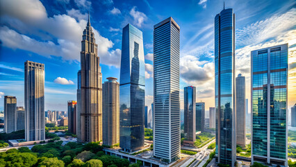 Three modern skyscrapers towering over a bustling city center , skyline, urban, architecture, buildings, cityscape