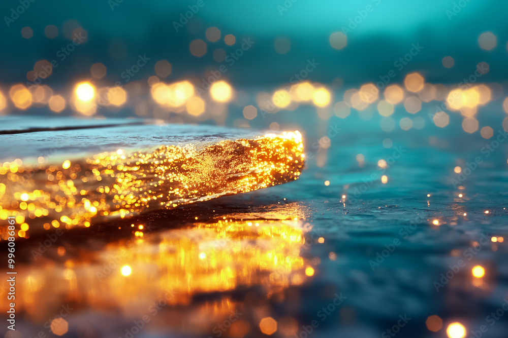 Poster a vivid golden surface catches light, creating a mesmerizing reflection against a blurred backdrop. 