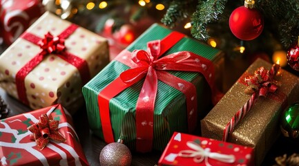Colorful Christmas gift boxes under the tree, festive decor, ribbons, and wrapping, creating a joyful holiday atmosphere 