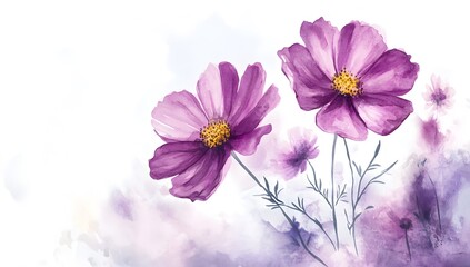 Fototapeta premium Beautiful pink cosmos flowers with a watercolor painting effect on a white background,