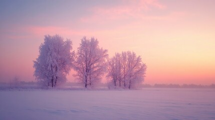 A serene view of a snow-covered field at sunrise, with frosted trees silhouetted against the soft colors of the morning sky.