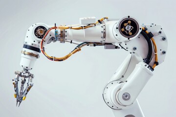 Detailed view of a white industrial robot arm with exposed wires and joints, showcasing its advanced technology