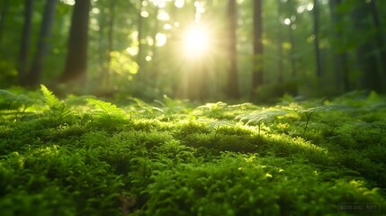 Fototapeta premium Vibrant forest floor with bright sunlight streaming through trees, lush moss, and delicate ferns, creating a dreamy woodland atmosphere with ethereal natural light.
