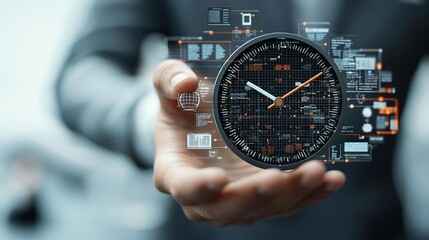 Digital clock with tech-inspired elements held by a human hand, time and business management concept in a digital era