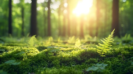 Vibrant forest floor with bright sunlight streaming through trees, lush moss, and delicate ferns, creating a dreamy woodland atmosphere with ethereal natural light.