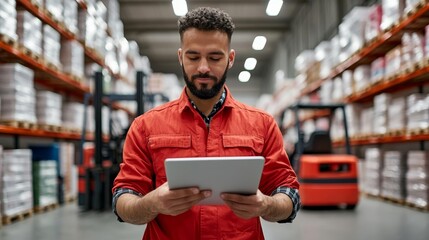 Focused warehouse worker managing stock digitally on a tablet, with forklifts and shelves of products behind him
