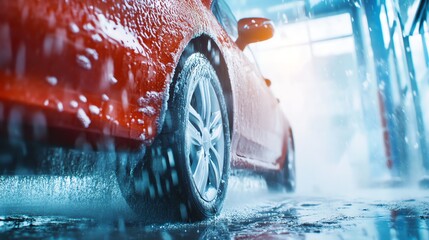 A car is being washed at an automatic car wash, covered in soap suds.