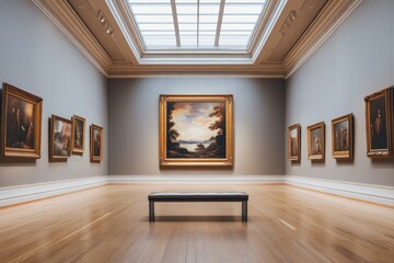Obraz premium Gallery with Golden Framed Paintings and a Bench