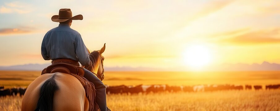 Cattle being herded by a farmer on horseback, cowboy style, vast open field, setting sun in the background