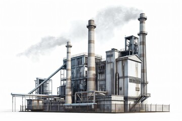 Old coal fired power plant releasing smoke from its chimneys on a white background