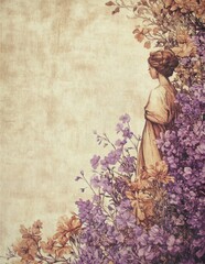 Vintage illustration of a woman in a purple dress surrounded by flowers
