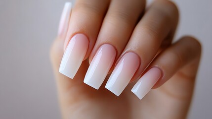 Close up of nude ombrÃ© manicured nails with a soft, natural look.