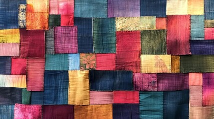 Colorful patchwork textile with vibrant hues and various fabric squares