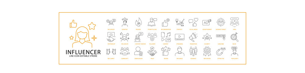 Influencer Icon Set. Influencer Line Icons. Containing  celebrity, storytelling, follower, creator, audience, social, promotion, content, advertisement, etc. vector Illustration. Editable stroke.