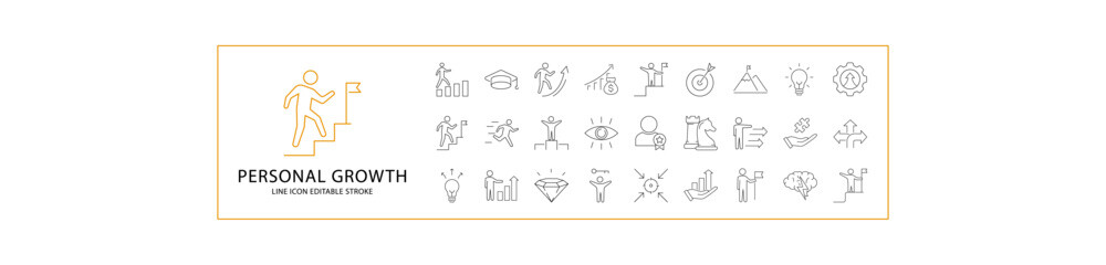 Personal Growth Icon Set. Personal Growth Line Icons. Containing creativity, motivation, mind, hard, strategy, skill, success, training, vision, etc. Vector Illustration. Editable Stroke.