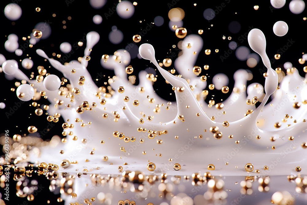 Poster the captivating splash of white liquid intertwines with scattered golden droplets, creating an artis