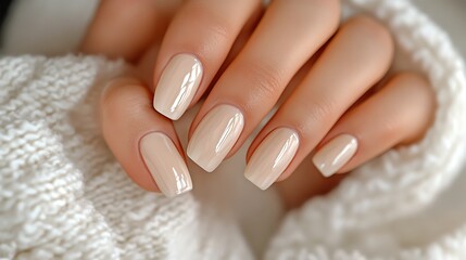 Naklejka premium Close-up of a hand with a nude manicure.