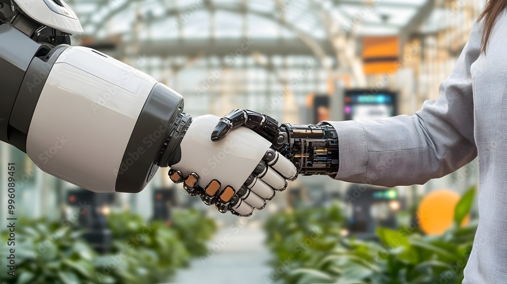 Aufkleber futuristic robot and human shaking hands in a high-tech environment symbolizing technological and
