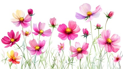 Beautiful pink cosmos flowers with a watercolor painting effect on a white background,