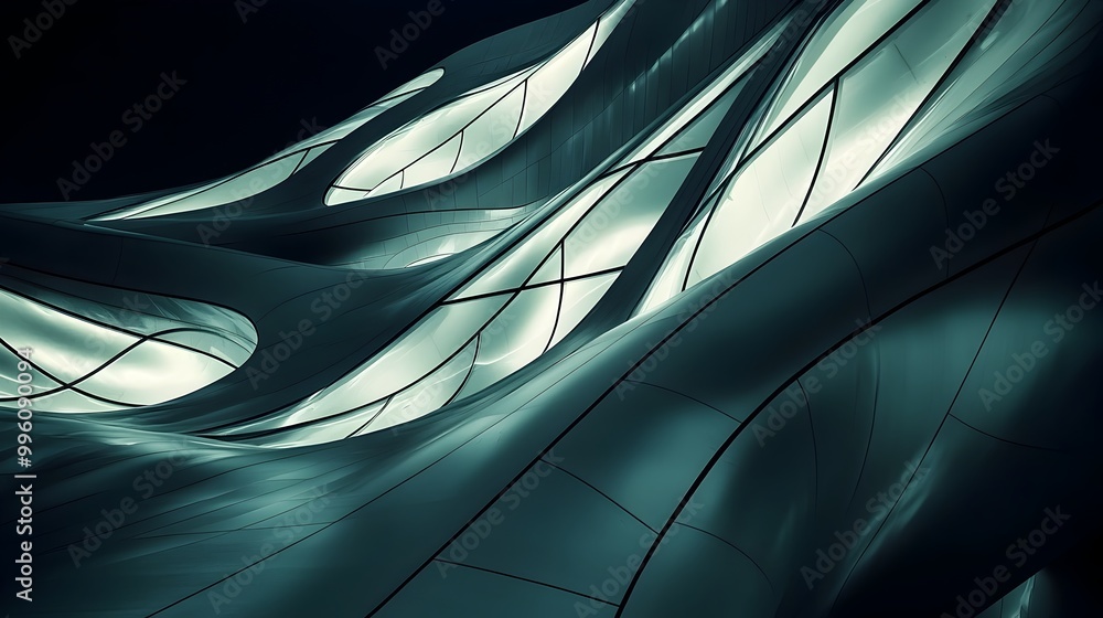 Poster dynamic abstract swirling waves of fluid geometric shapes in futuristic digital design