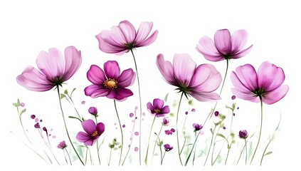 Beautiful pink cosmos flowers with a watercolor painting effect on a white background,