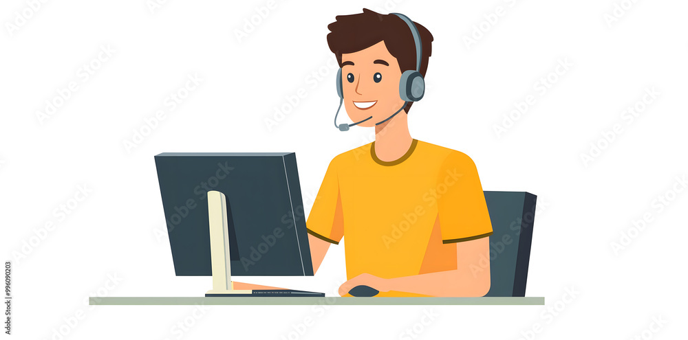 Sticker Young man working in customer service wearing a headset flat illustration isolated on background	