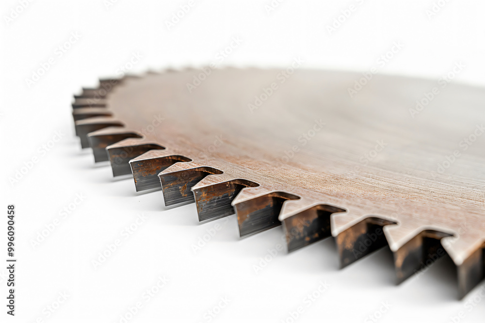 Poster close up image of a circular saw blade resting on a white surface, showcasing its sharp teeth and me