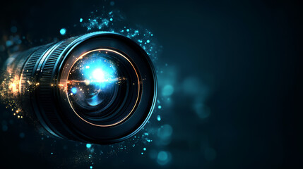 camera lens against dark background, illuminated by glowing particles, creates captivating visual effect. lens reflects light beautifully, evoking sense of creativity and inspiration