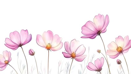 Beautiful pink cosmos flowers with a watercolor painting effect on a white background,