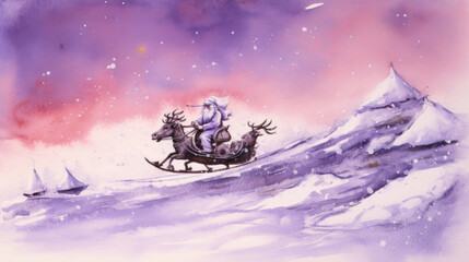 Fototapeta premium Watercolor of Santa Claus riding his sleigh on purple background