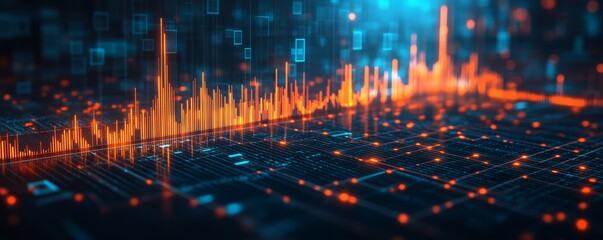 Naklejka premium 3D financial graph showing a downward trend in interest rates, techinspired background with copy space, falling interest, finance meets technology