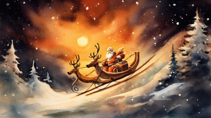 Naklejka premium Watercolor of Santa Claus riding his sleigh on dark orange background