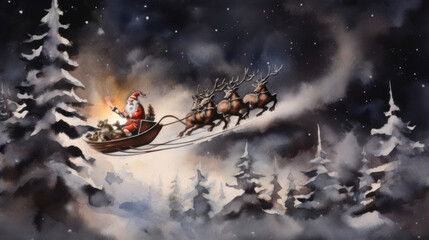 Naklejka premium Watercolor of Santa Claus riding his sleigh on light black background