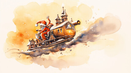 Fototapeta premium Watercolor of Santa Claus riding his sleigh on light orange background